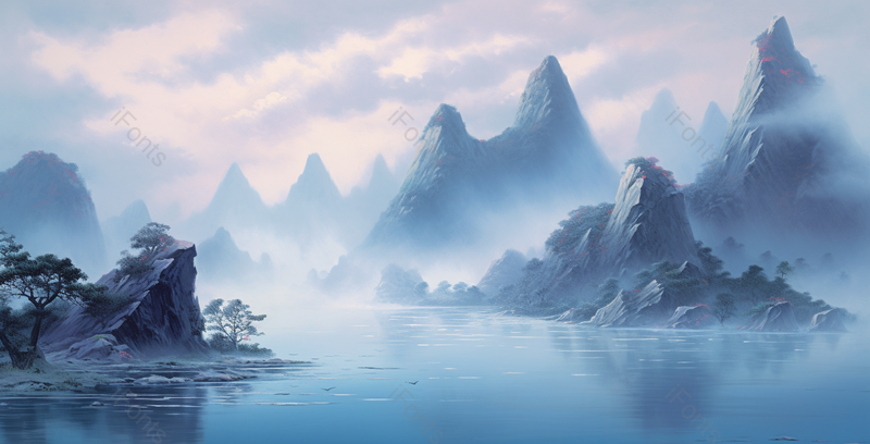 宽阔水面山川湖泊景色自然意境中国山水国风水墨画背景,插画/手绘图,插画/手绘图库,插画/手绘图下载,插画/手绘